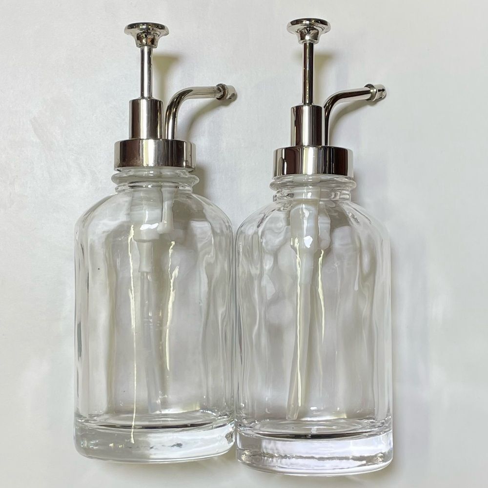 Two Elegant Clear Glass Oilcan Soap & Lotion  Dispenser Set w/Chrome Accents
